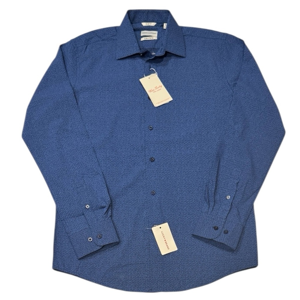 LUCKY BRAND Navy Blue Geo Print Long Sleeve Slim Fit Shirt NWT Medium